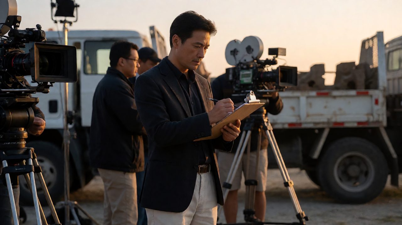 A first assistant director reviews a call sheet on a clipboard at dawn while the film crew prepares cameras and grip trucks behind him.