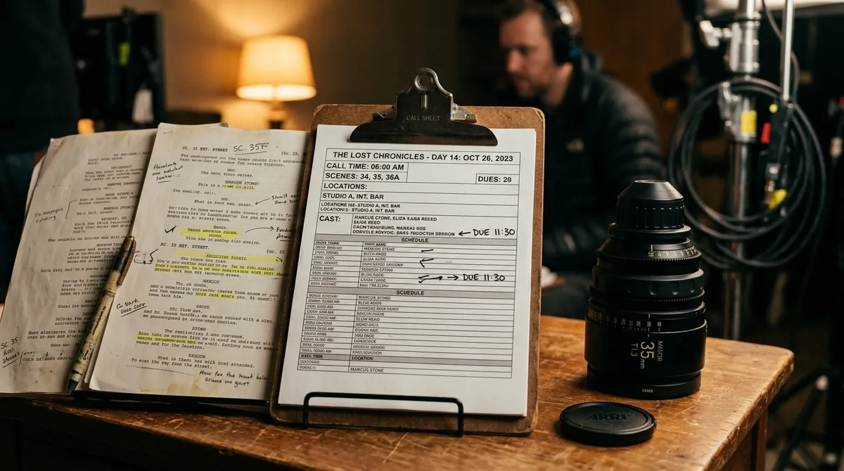 A printed call sheet template laid out on a production office desk