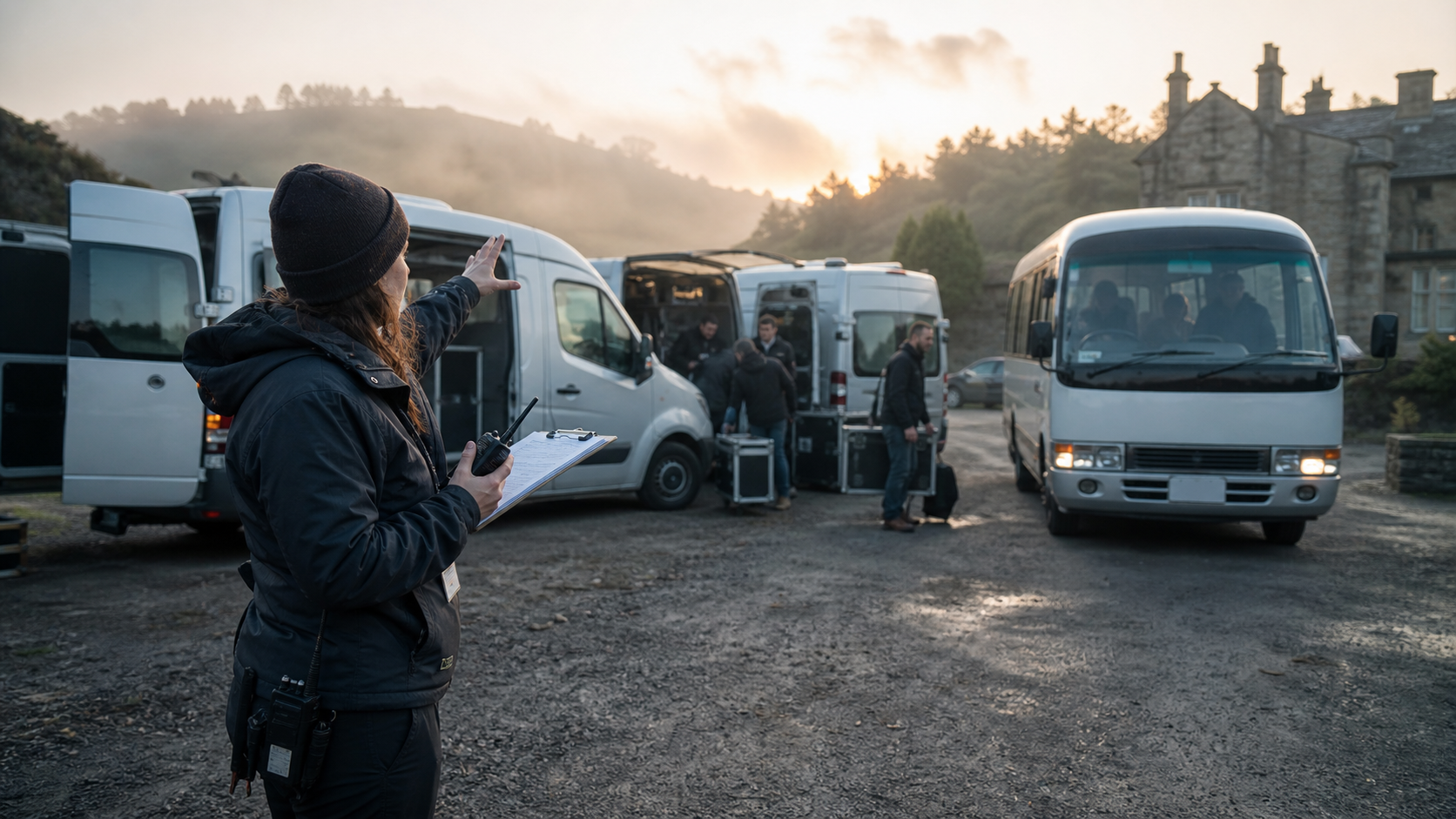 Assistant director coordinating crew shuttle arrivals beside production vans at an early-morning location shoot
