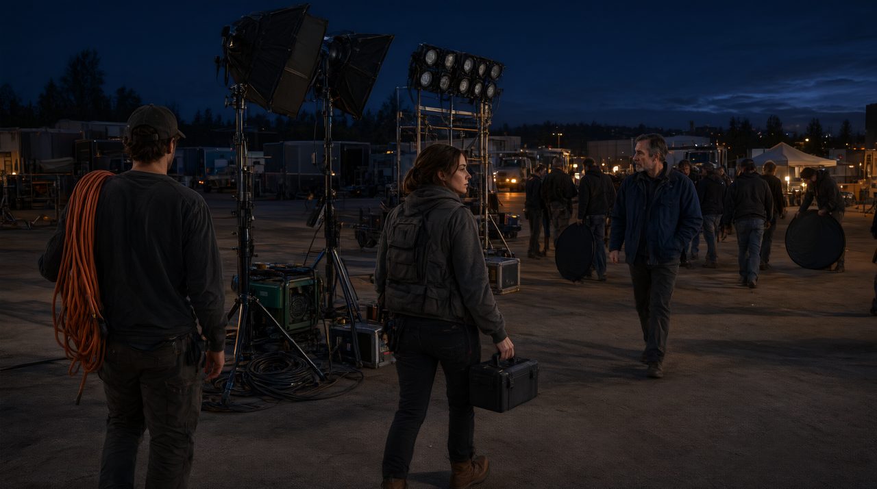 Film crew wrapping equipment at night after a long shoot day.