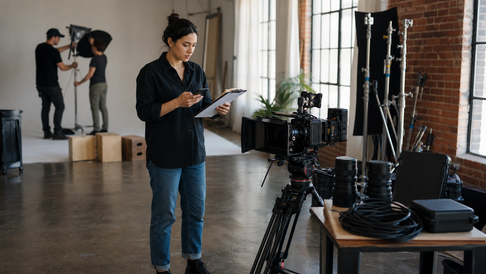Production coordinator reviewing crew logistics beside camera gear before a commercial shoot