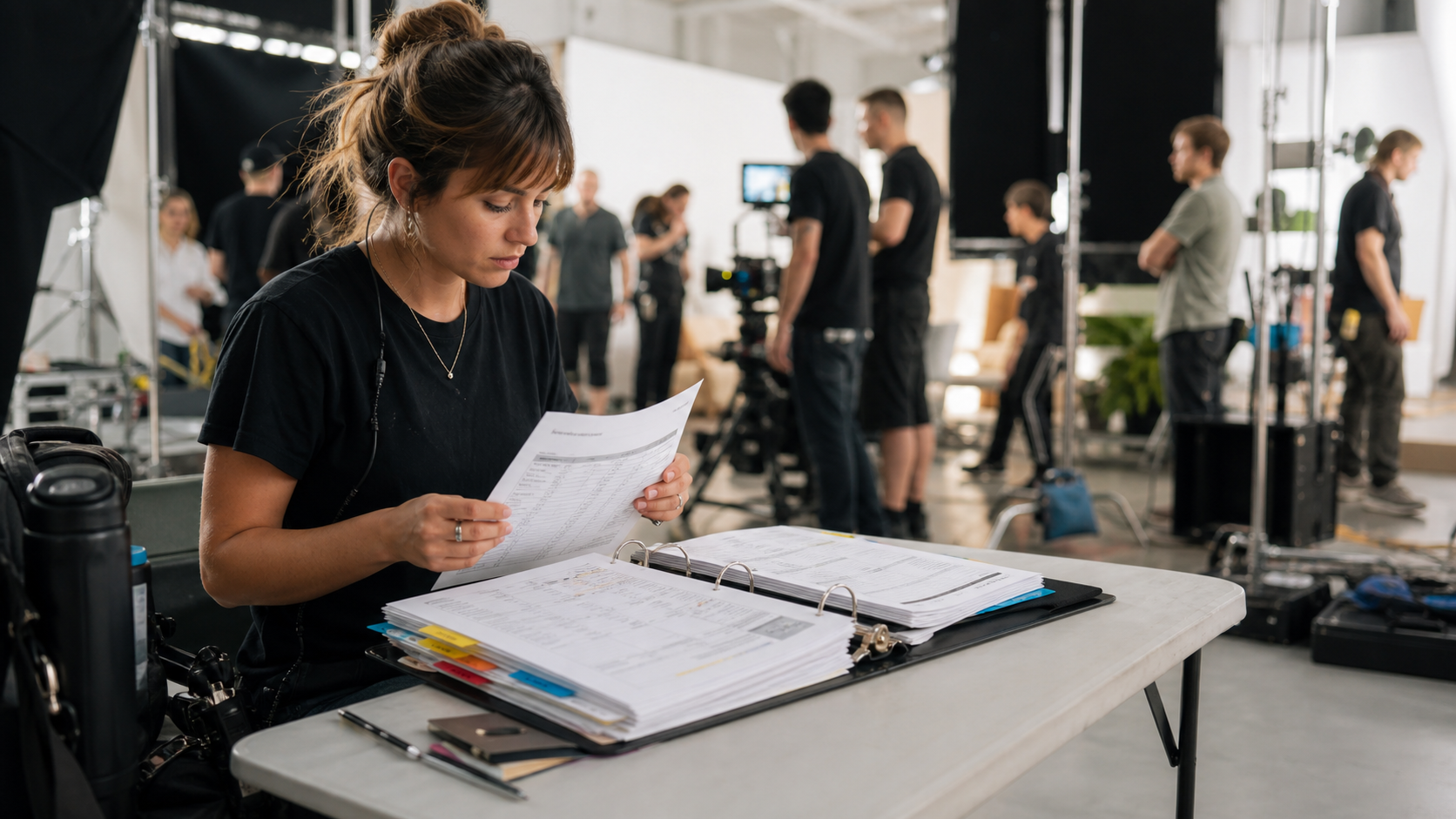 Production coordinator checking a call sheet beside a detailed production binder while crew prepares a commercial shoot