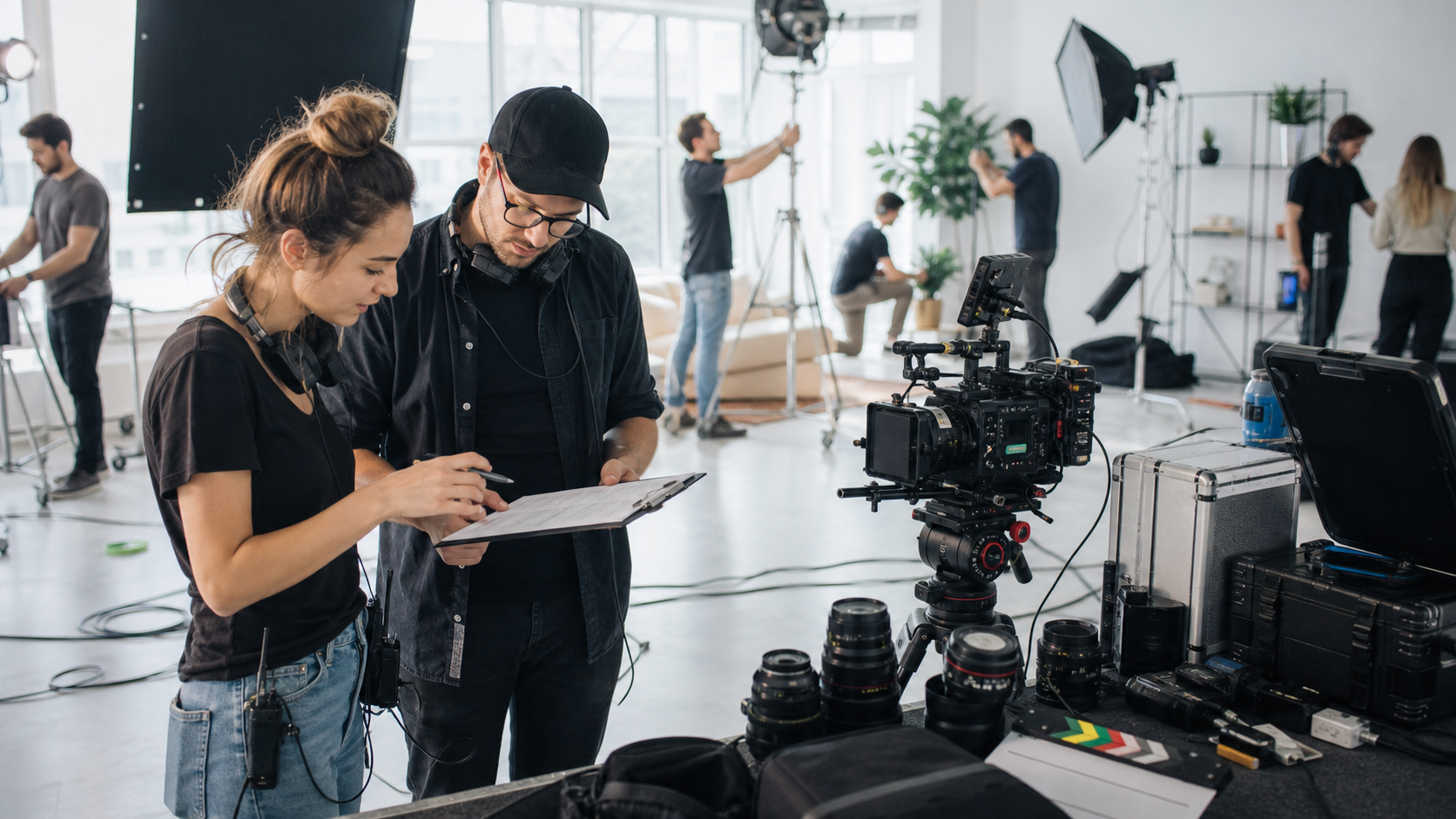 Assistant director and production coordinator reviewing a shoot-day timeline beside camera gear as crew prepares on a bright commercial set