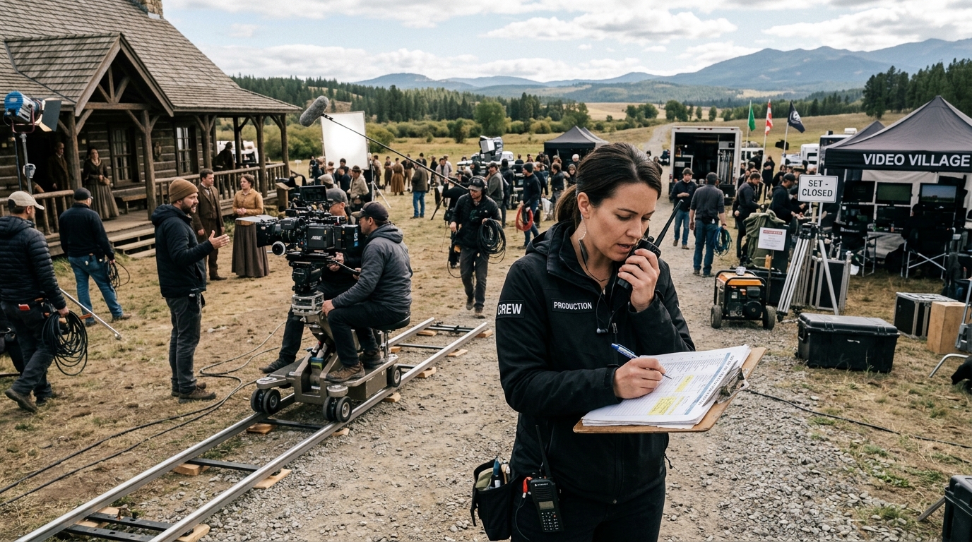 An assistant director reviewing production schedules with a clipboard and walkie talkie on a bustling film set.