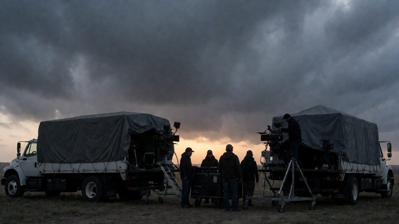 Film crew loading tarped equipment trucks under a stormy sky at dawn.