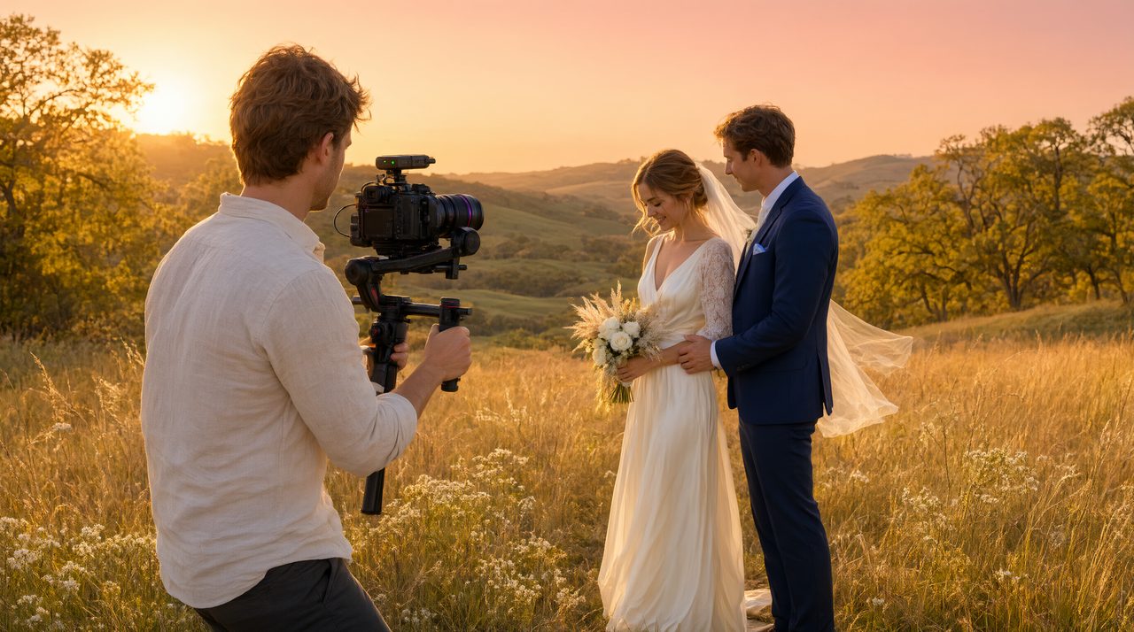 A wedding videographer filming a bride and groom outdoors at golden hour with a camera on a gimbal.