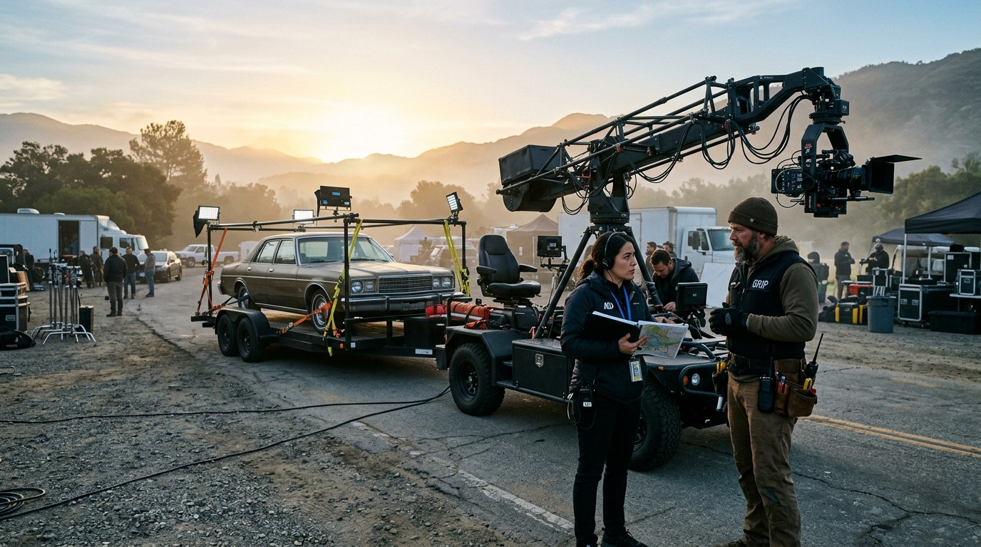 Assistant director and key grip conferring near a camera tracking car and process trailer rig during early morning production prep
