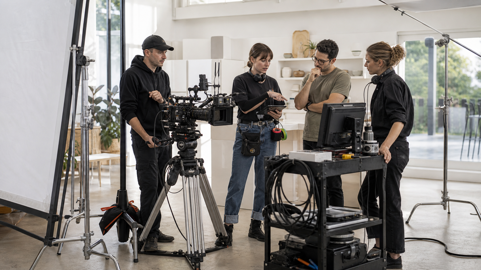 Assistant director and camera crew coordinating an early camera prep call beside cinema gear on a bright commercial set