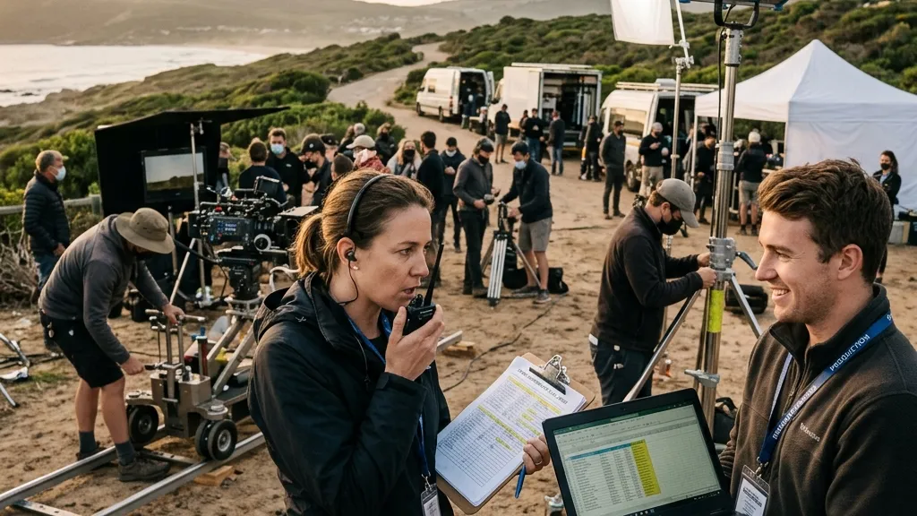 Assistant director and production coordinator coordinating crew confirmations on set with laptop and clipboard