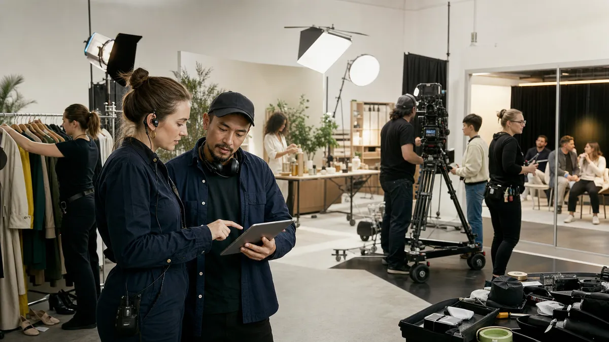 Production coordinator and department head reviewing the commercial shoot schedule in a busy studio as camera, lighting, wardrobe, and client teams prepare.
