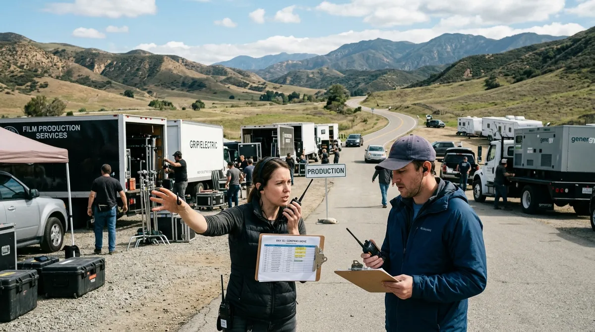 Assistant director and production coordinator managing a company move relocation on location with production trucks.