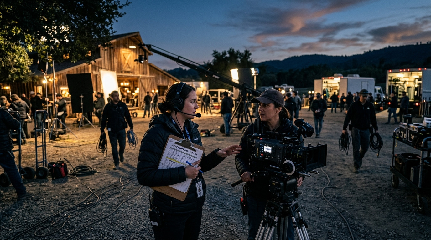 An assistant director wearing a headset and holding a schedule clipboard consulting with a camera operator on a dimly lit film set during evening wrap