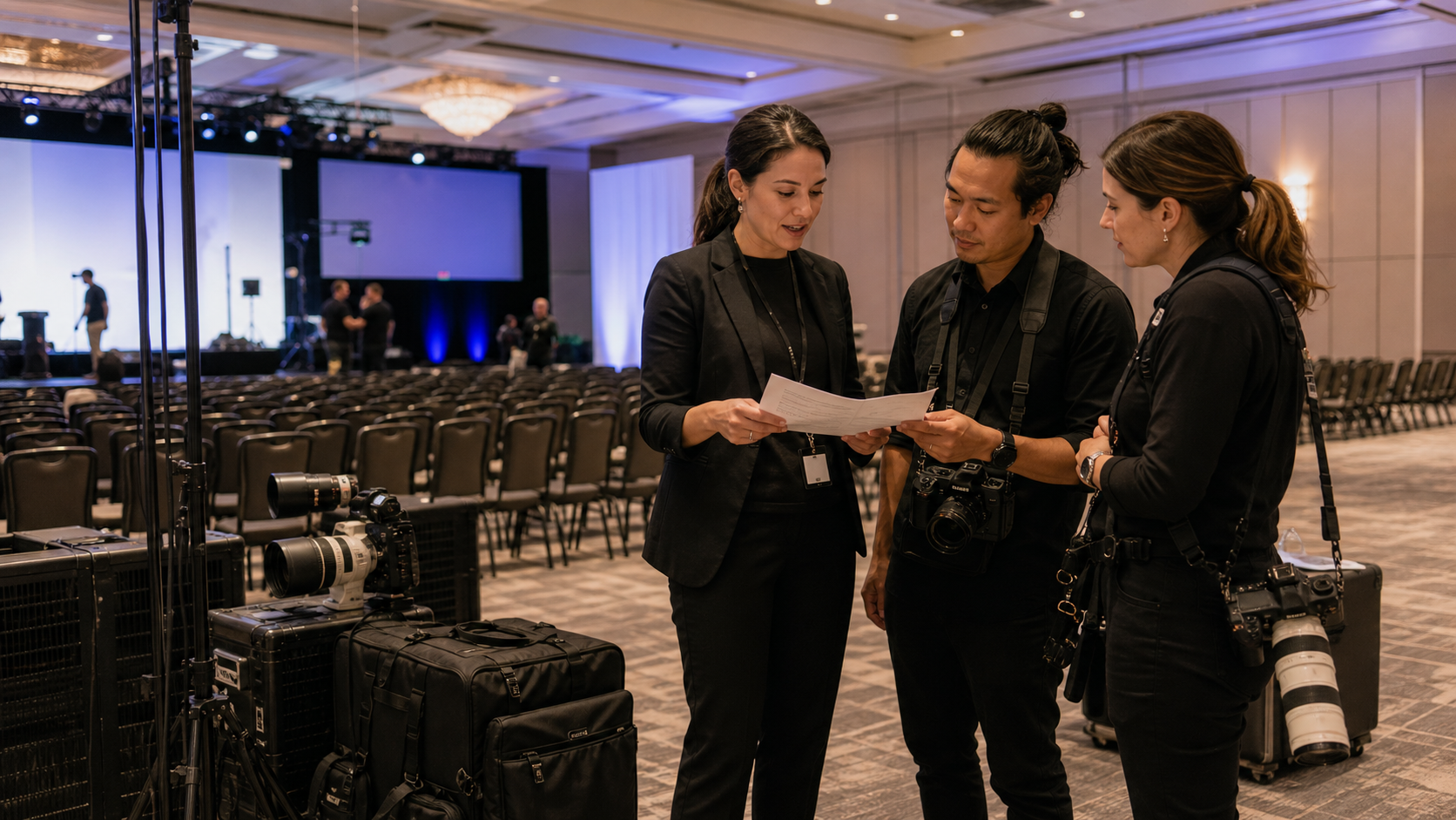 Production coordinator and event photographers reviewing logistics beside camera gear before a corporate event begins