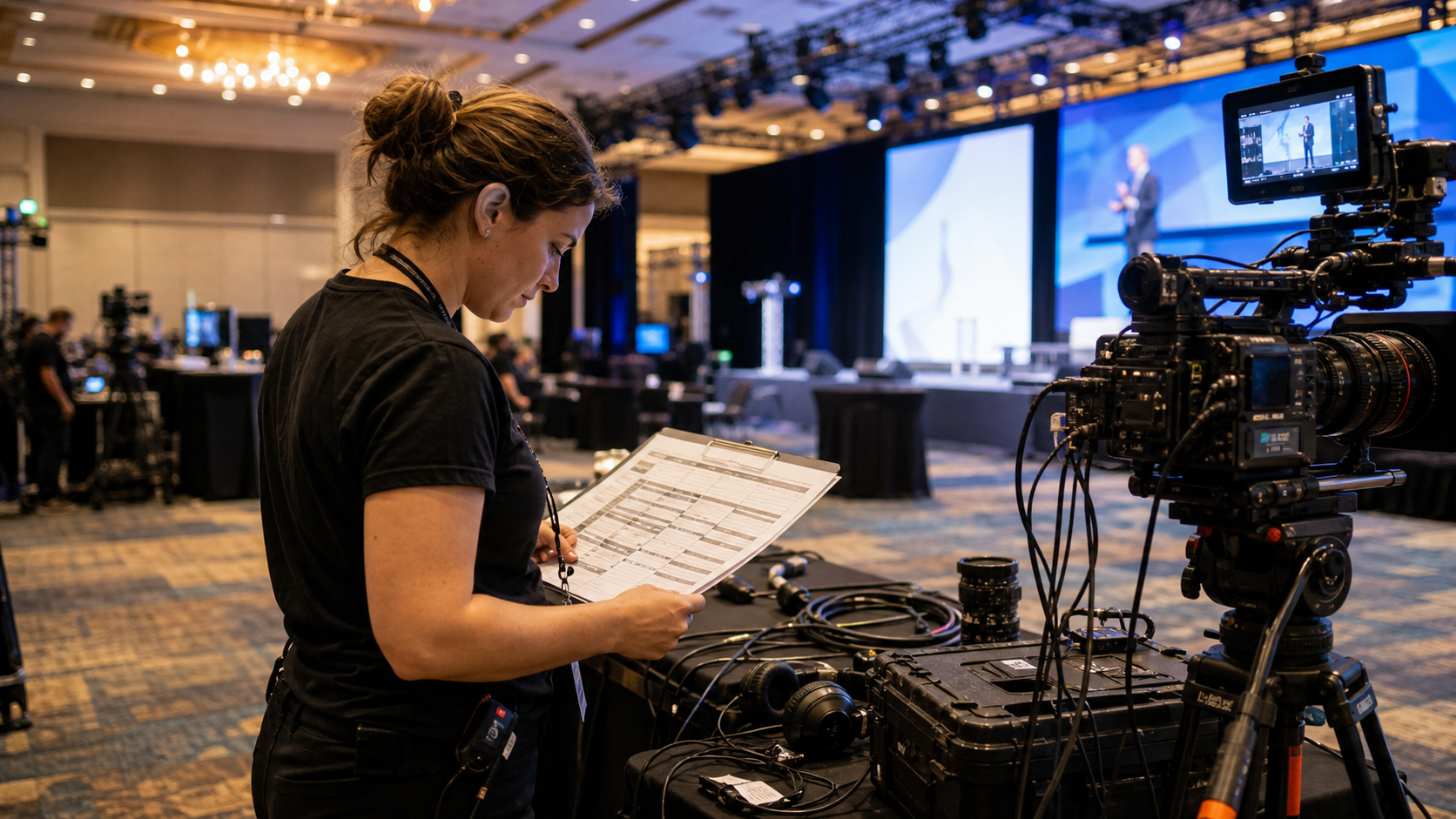 Production coordinator checking a conference video crew call sheet beside camera gear before a keynote event