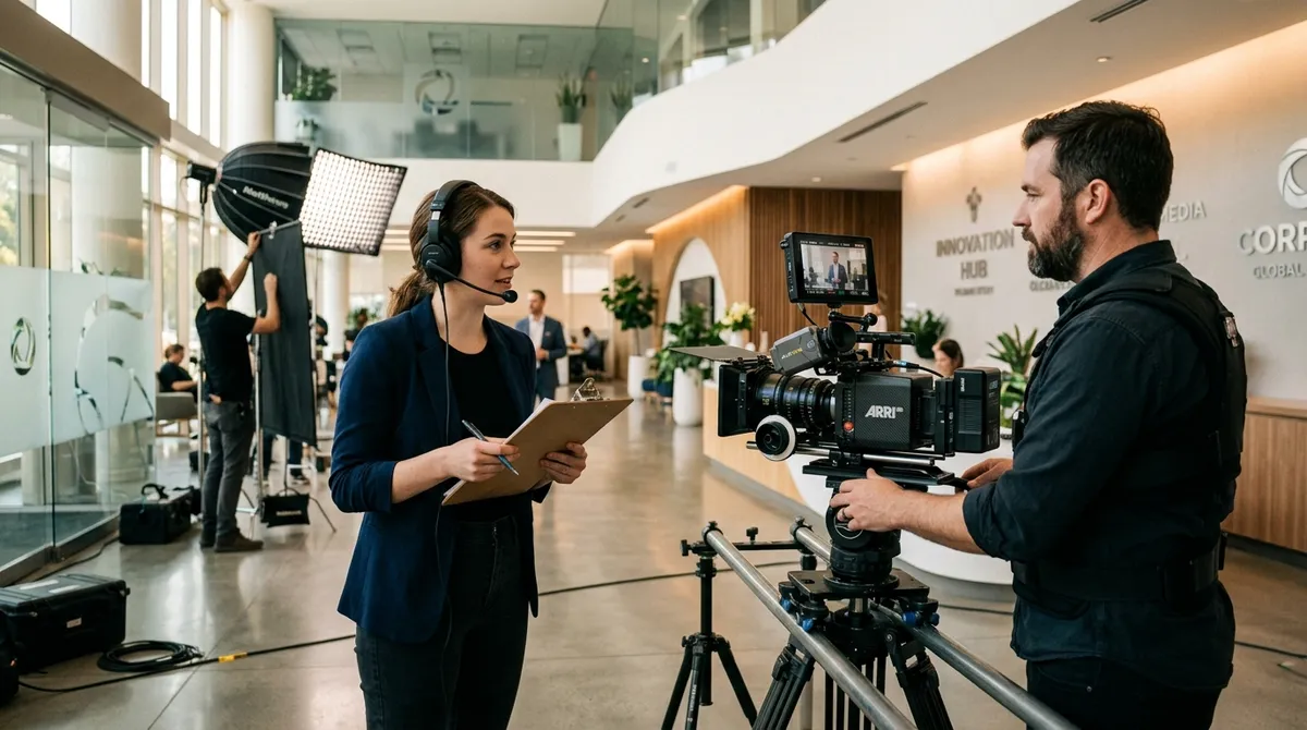 A professional production coordinator checking details on a corporate video set with a camera operator in a modern office lobby.