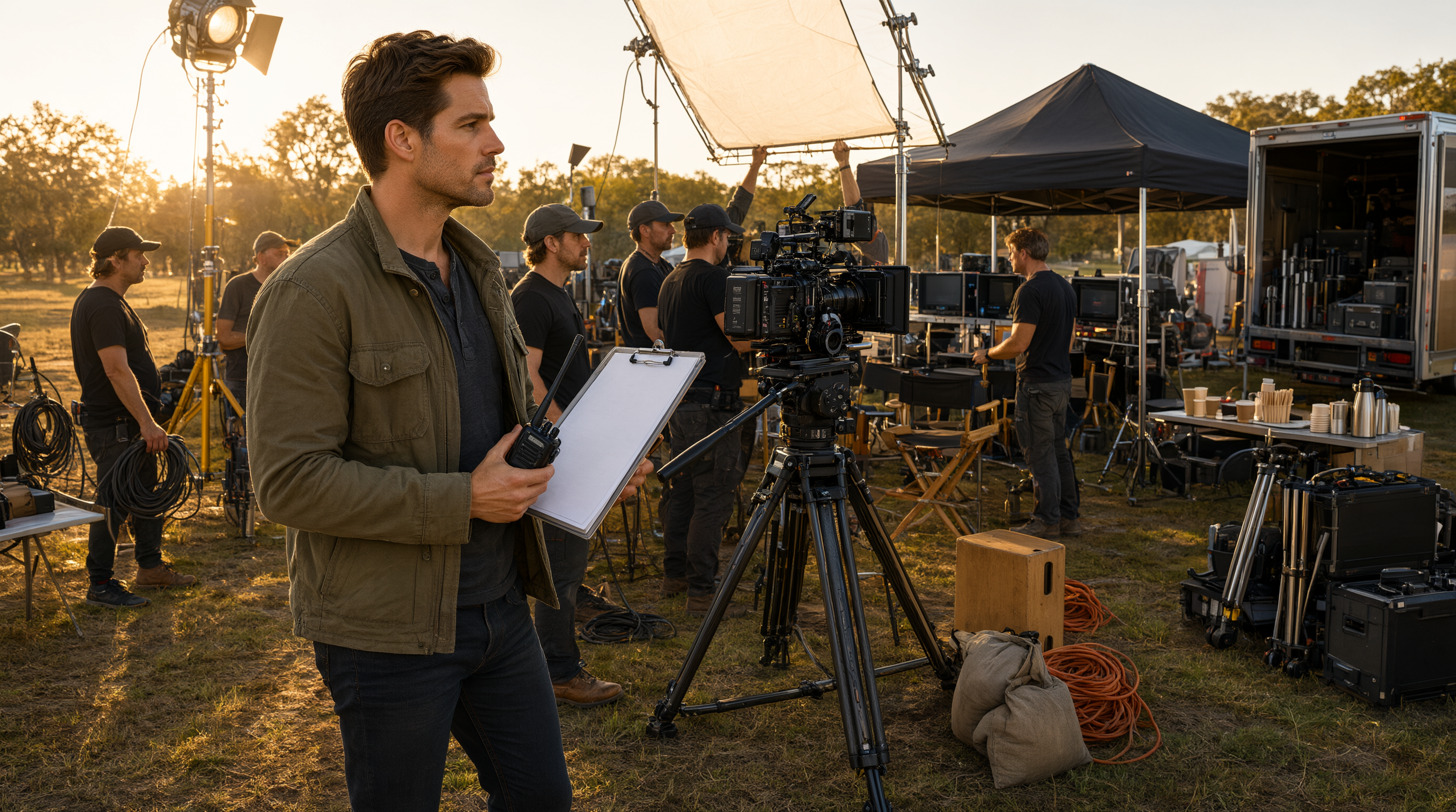 An assistant director holding a clipboard on a film set at golden hour while the crew prepares for the shoot day.