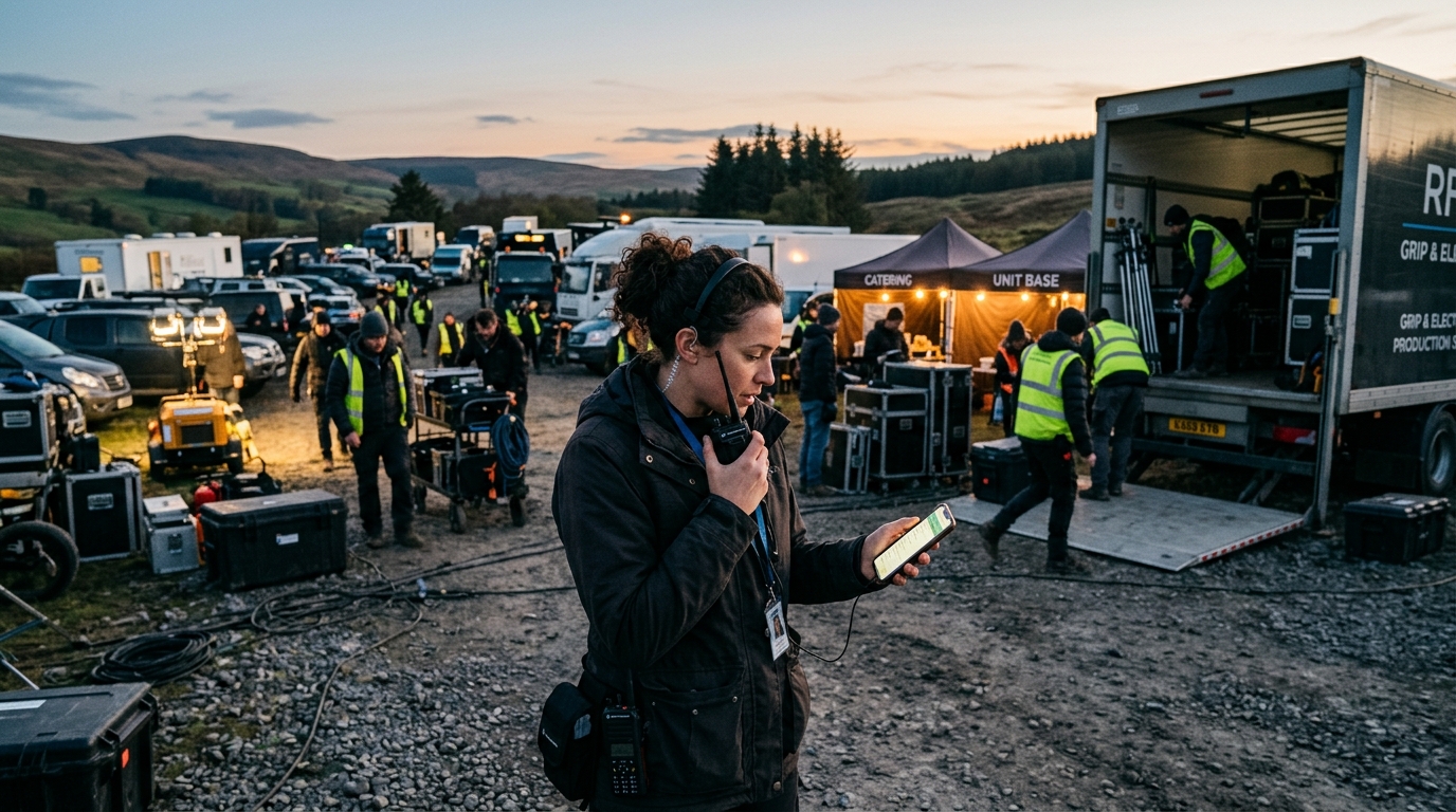 A wide-angle landscape shot (16:9 aspect ratio) depicting a focused assistant director holding a walkie-talkie and checking a mobile schedule on a bustling film set basecamp as crew members unload gear in early morning light.