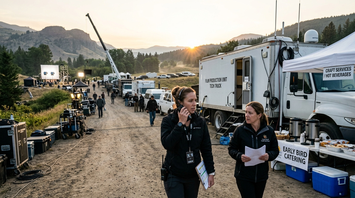 A focused production coordinator with a walkie-talkie coordinating with catering and craft services near a mobile production truck on an early morning film set.