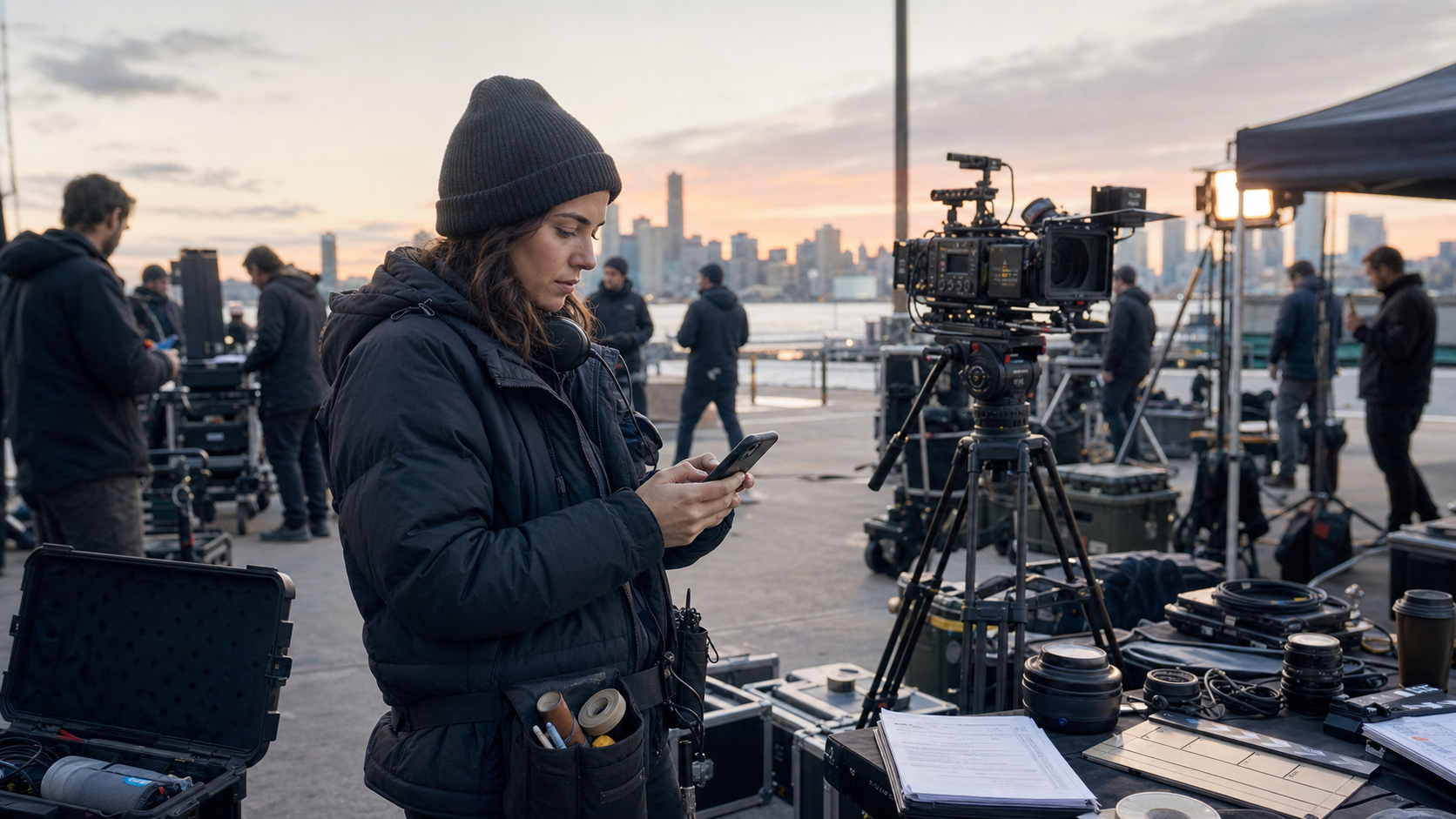 Production coordinator confirming crew availability on a smartphone beside camera gear before a morning commercial shoot