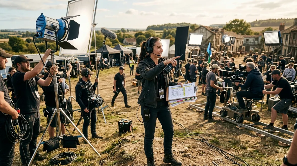 A production coordinator holding a clipboard and walkie-talkie while directing crew members on an active film location set.