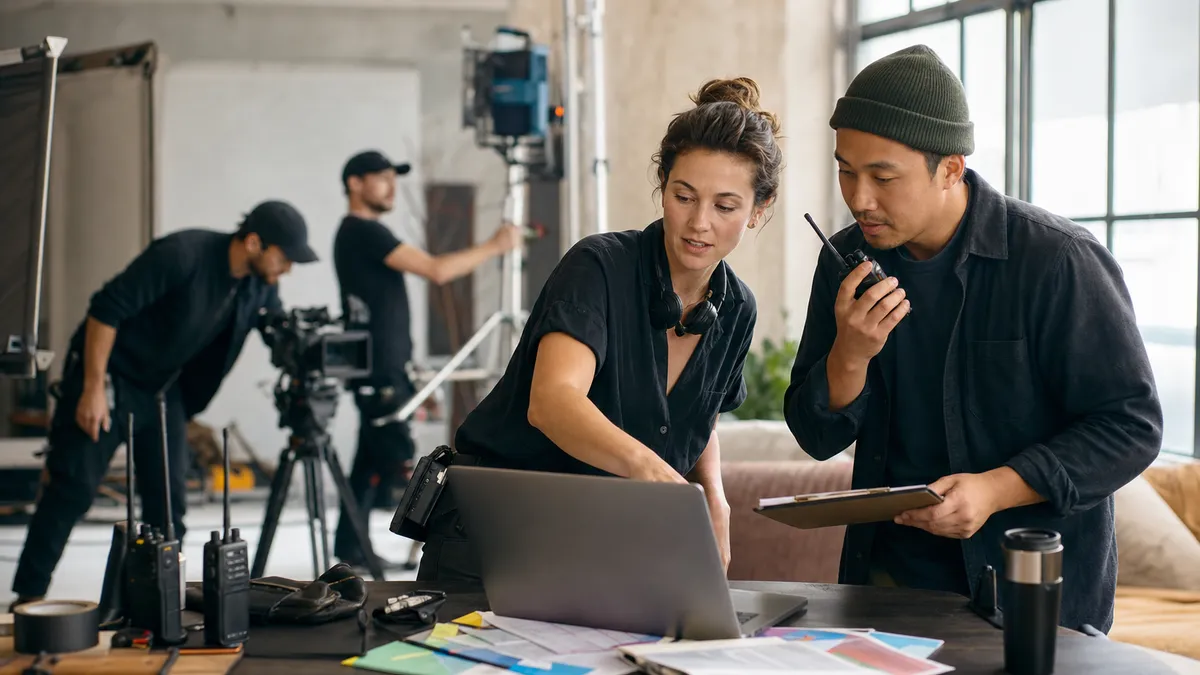 Assistant director and production coordinator using a laptop and clipboard to organize a recurring crew before a studio shoot