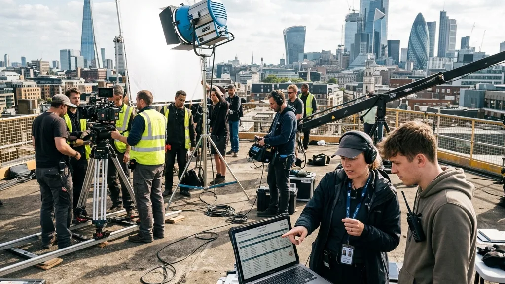 Assistant director and production coordinator reviewing a digital call sheet on a laptop on a bustling rooftop set with crew setting up lighting and camera