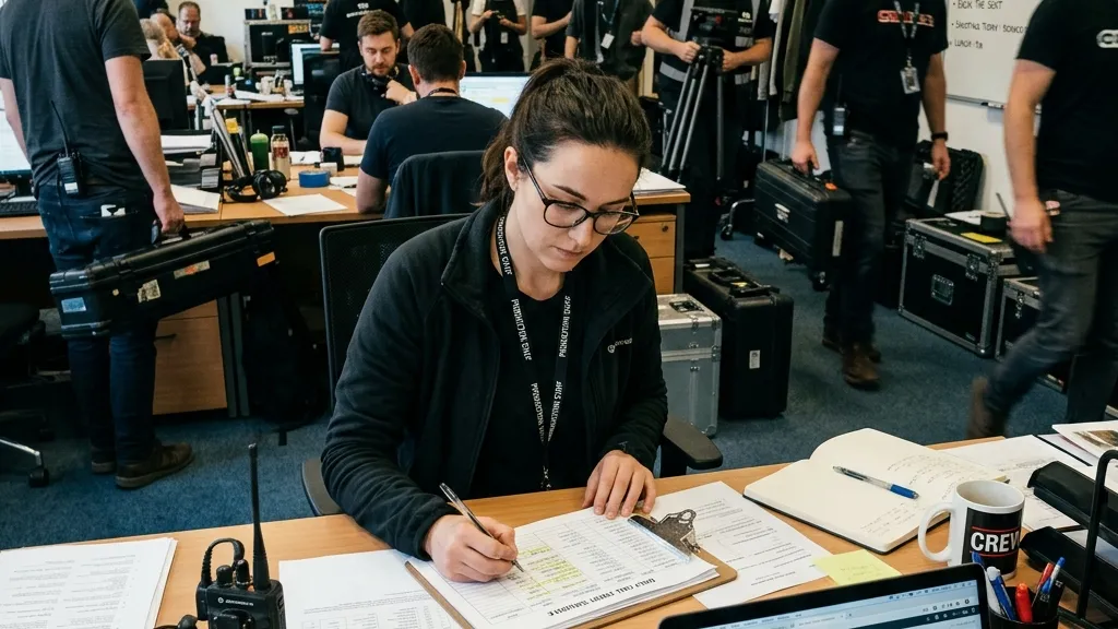 Assistant director in a busy production office using a laptop and a daily call sheet template to organize crew logistics for an independent film shoot