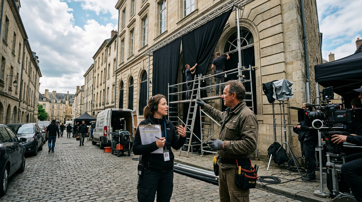 A wide-angle landscape shot (16:9 aspect ratio) depicting an assistant director and key grip coordinating exterior window blackout rigging on a film production location