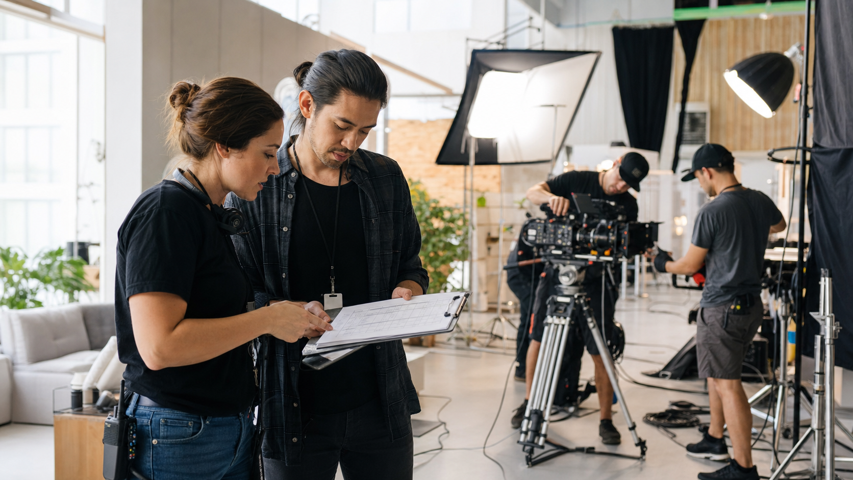 Assistant director reviewing a cast schedule with a production coordinator while crew prepares camera gear on a bright commercial set