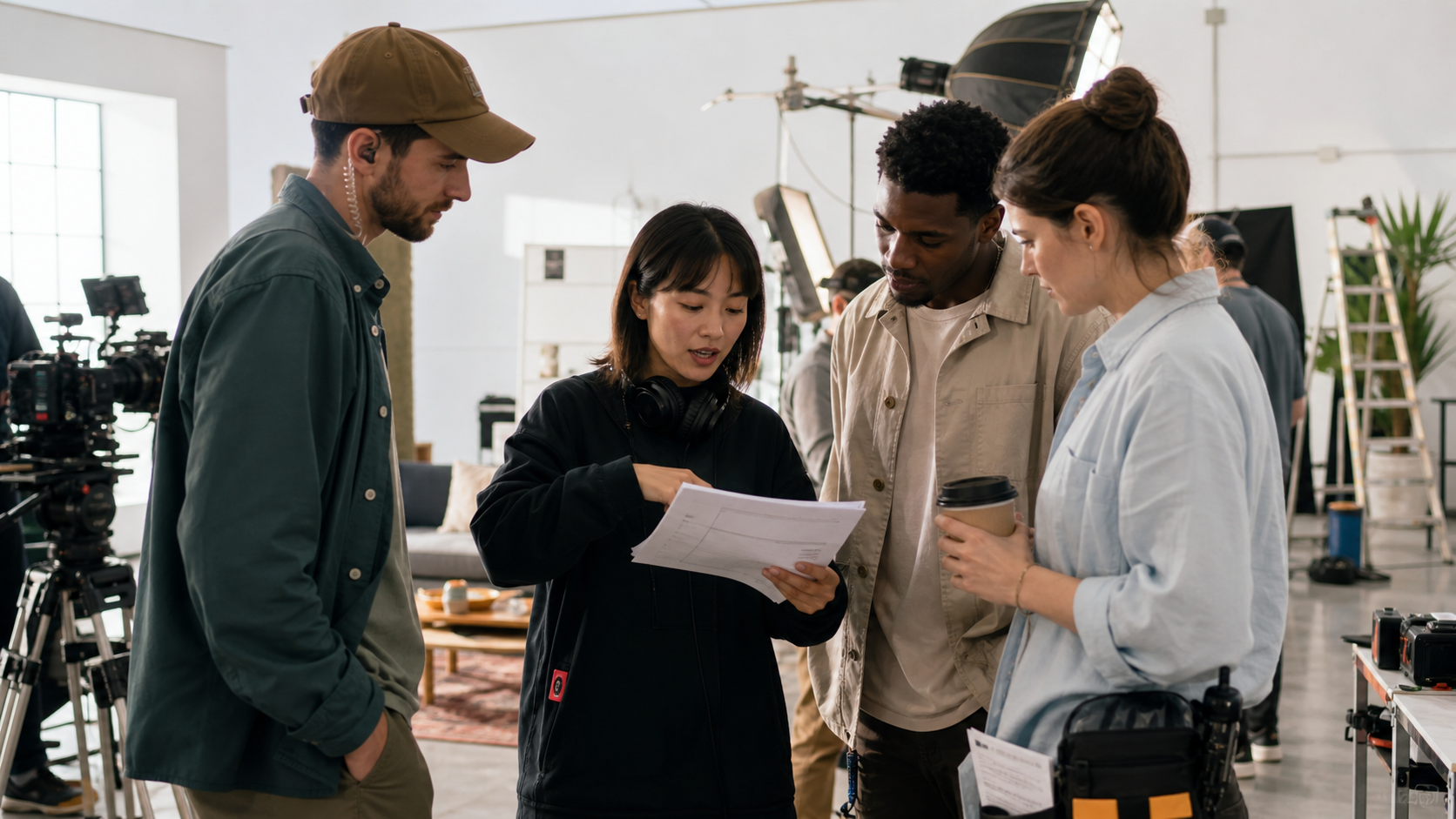 Assistant director checking a day player schedule with talent and crew on a bright commercial set