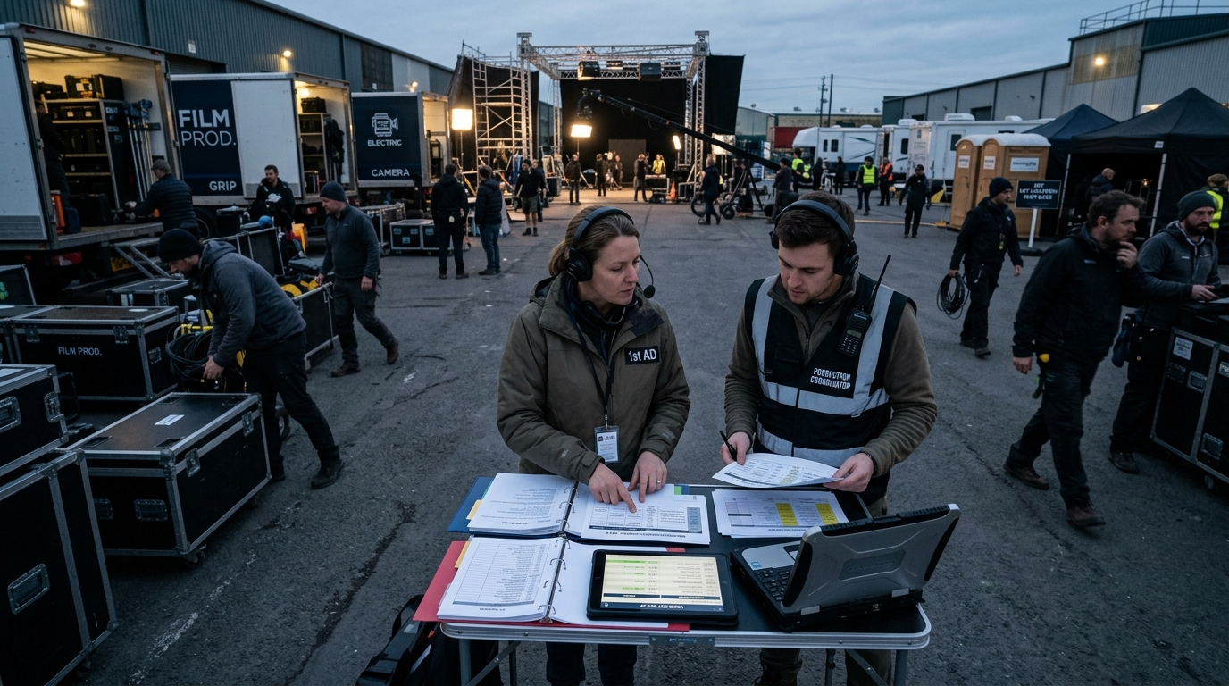 A 1st assistant director and production coordinator reviewing load-out notes and department schedules on a busy production set