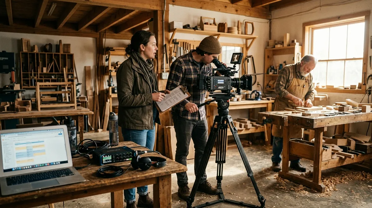 An assistant director and camera operator coordinating details on set for a documentary film shoot inside a craft workshop