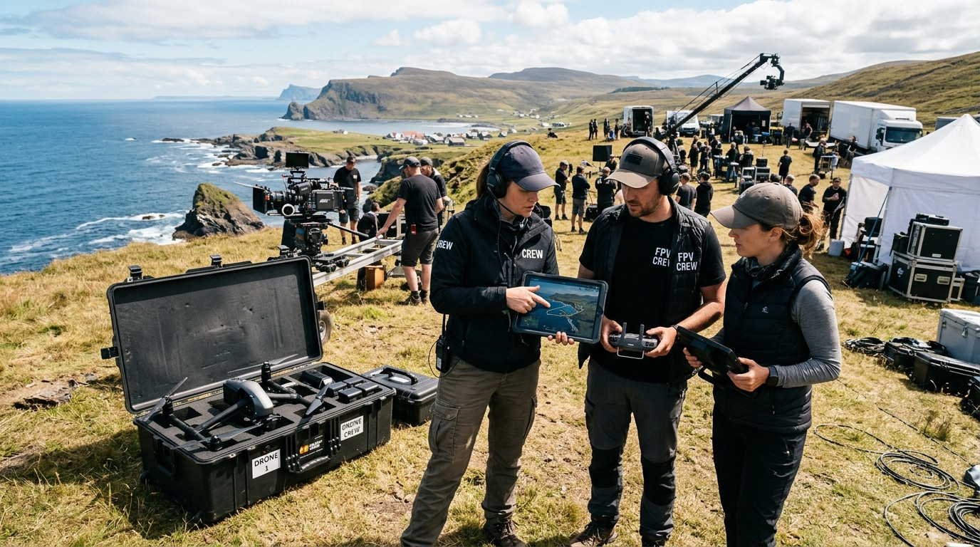 An assistant director and drone camera crew reviewing a flight path on a tablet beside a drone staging case on a bright outdoor film set.
