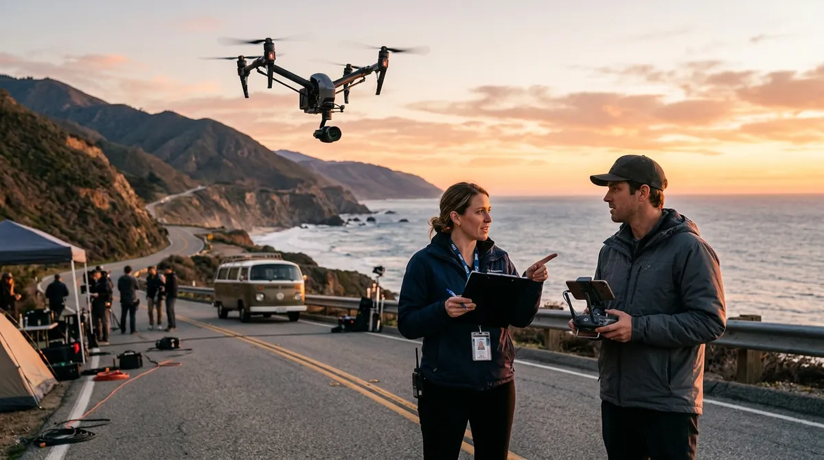 A film production coordinator with a clipboard discussing flight logistics with a drone pilot holding a remote transmitter on a coastal highway set at sunset.