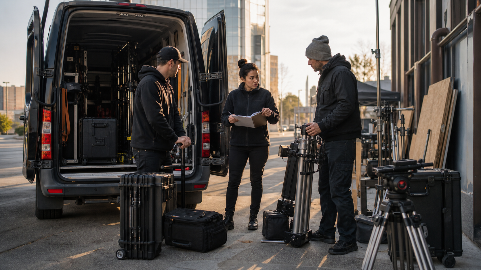 Production coordinator and camera crew coordinating rental gear pickup beside a loaded van before a commercial shoot