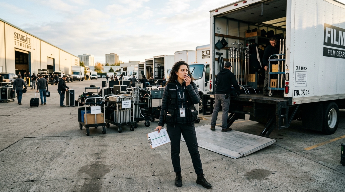 A focused production coordinator holding a radio and schedule while standing near a loaded grip truck at a production staging facility during morning gear returns.
