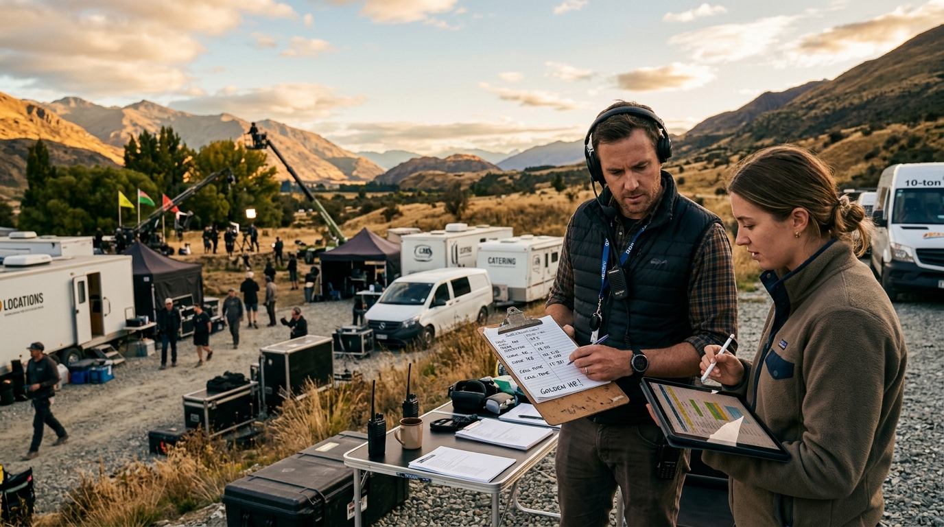 A wide-angle landscape shot (16:9 aspect ratio) depicting a focused 1st assistant director and production coordinator reviewing schedule notes and a digital tablet near a film set base camp during golden hour lighting.