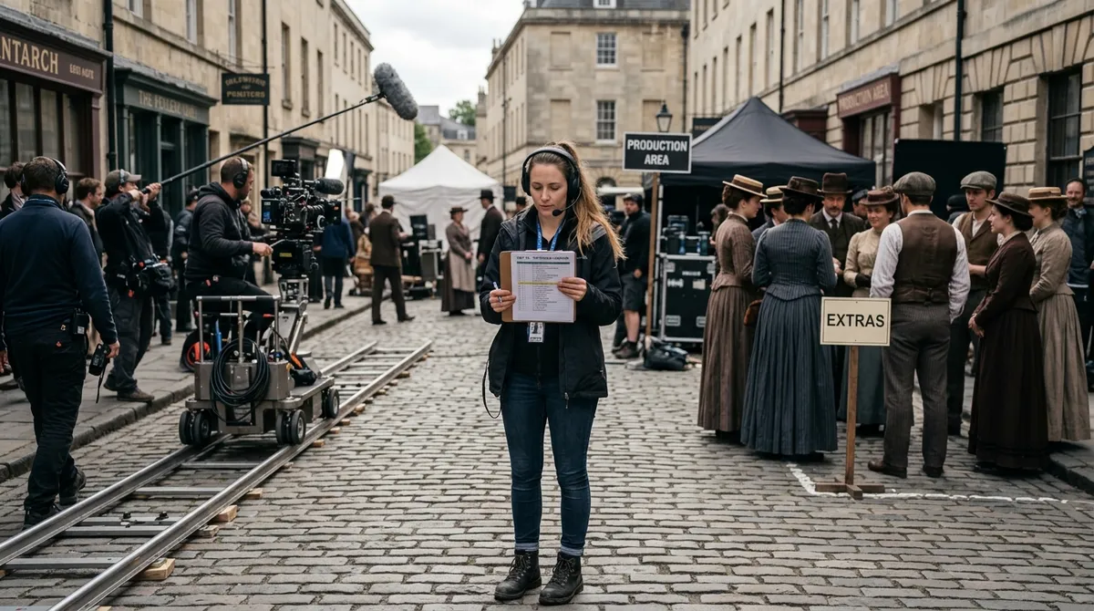 Assistant director reviewing a schedule on a film set with extras in period costume gathered near a holding area.
