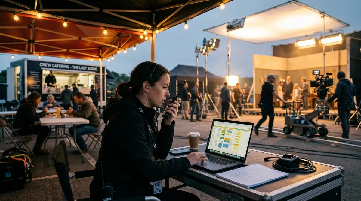 An assistant director checking a production schedule on a laptop near the catering area on a busy film set.