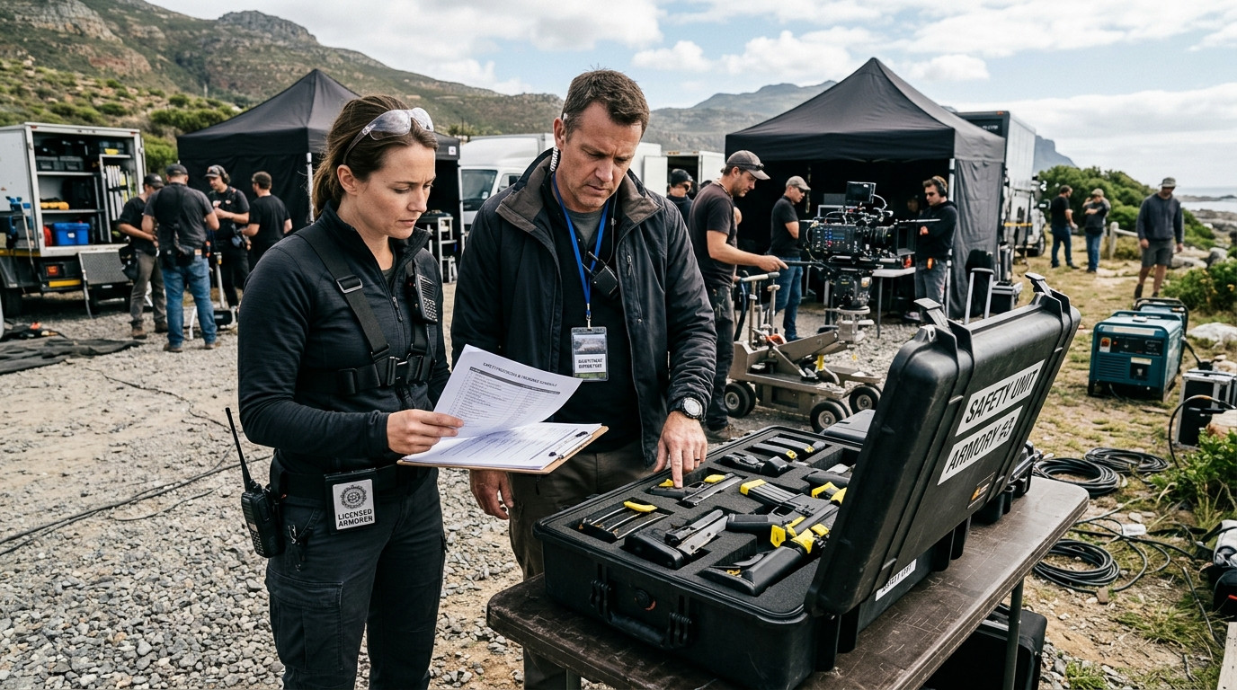 A serious assistant director and licensed armorer reviewing safety protocols and equipment schedules beside an open equipment case on a film set.