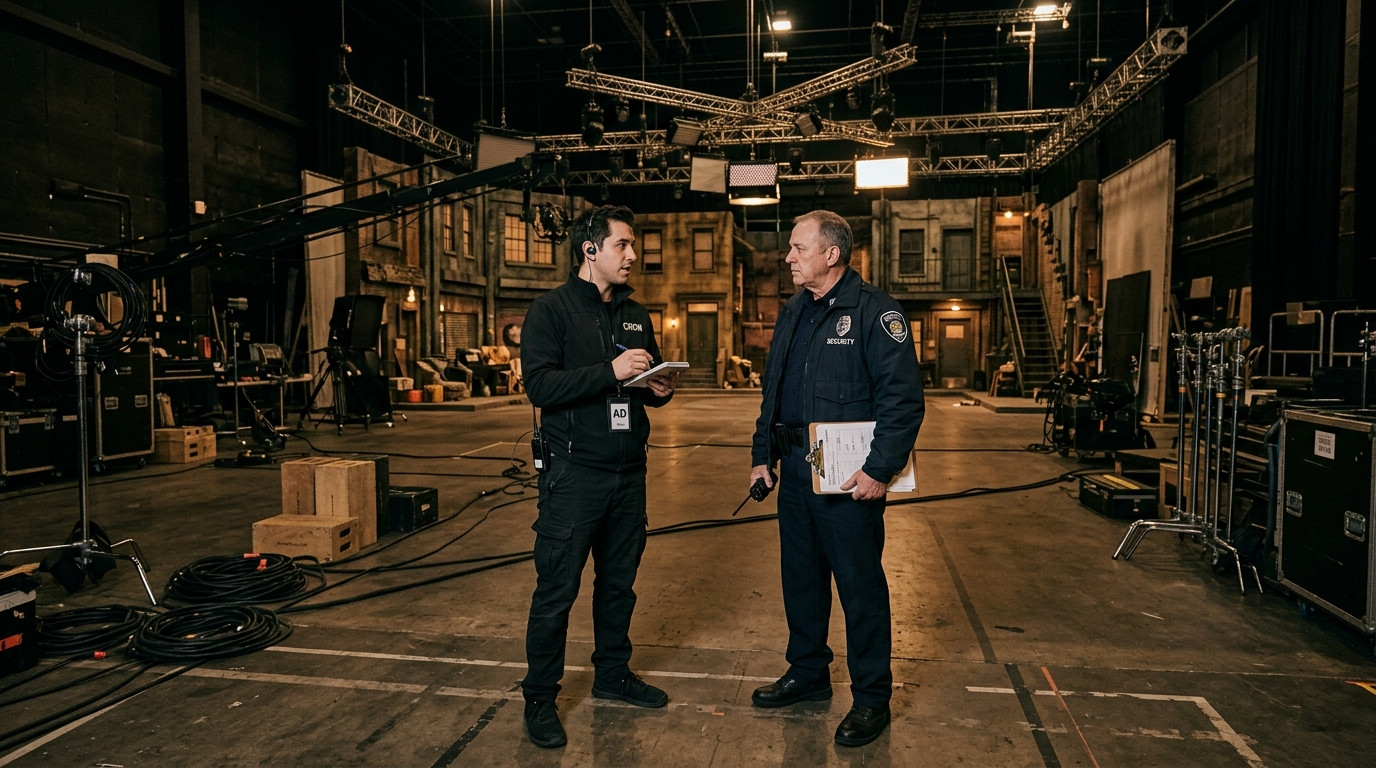 An assistant director in a dark studio set conducting a security handoff with an overnight guard holding a clipboard and radio