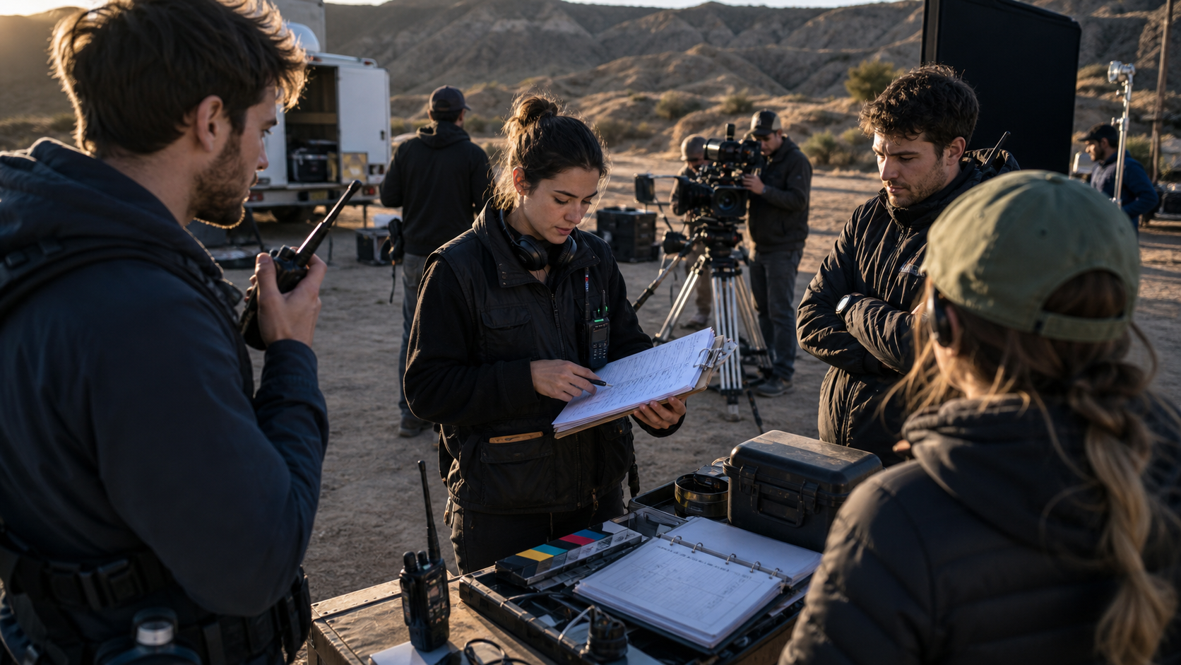 Assistant director checking first-day shoot logistics with a small crew, radios, camera gear, and call sheet materials on location.
