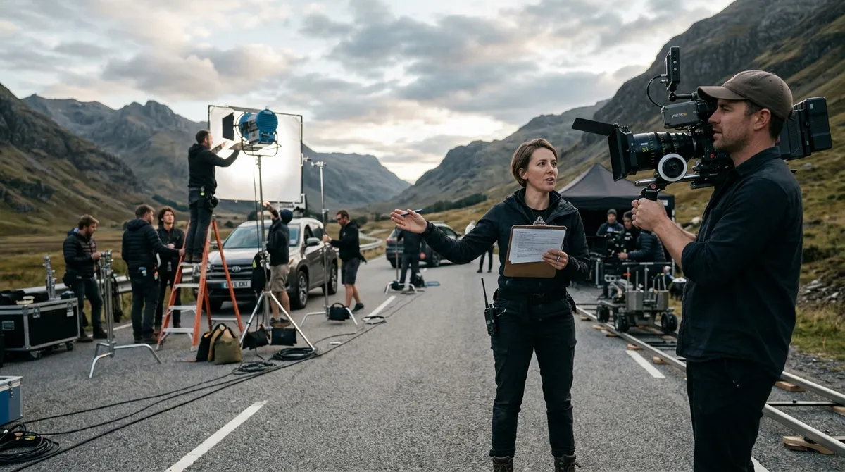 An assistant director holding a clipboard on a commercial video shoot location, coordinating with the crew next to lighting equipment and a movie camera.