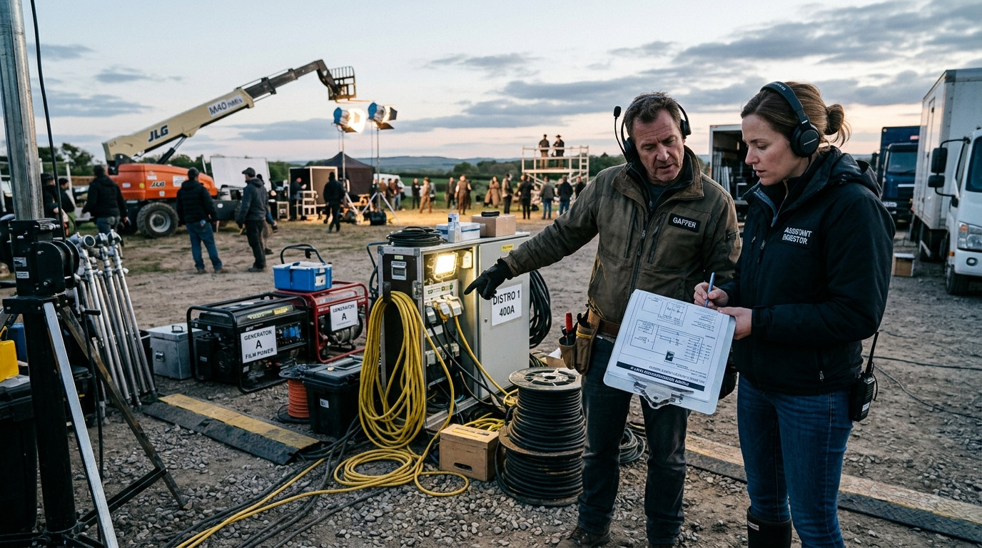 A focused assistant director reviewing power distribution notes on a clipboard alongside a gaffer near an electrical staging area on an active film set.