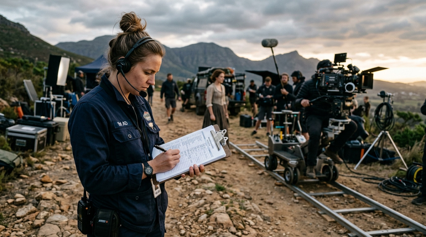 A focused first assistant director in a dark navy utility jacket consulting a production schedule clipboard on an active film set with camera crew in soft background