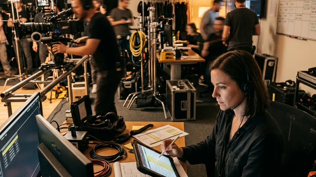 A focused assistant director coordinates crew logistics on a tablet in a production office with film gear in the background.