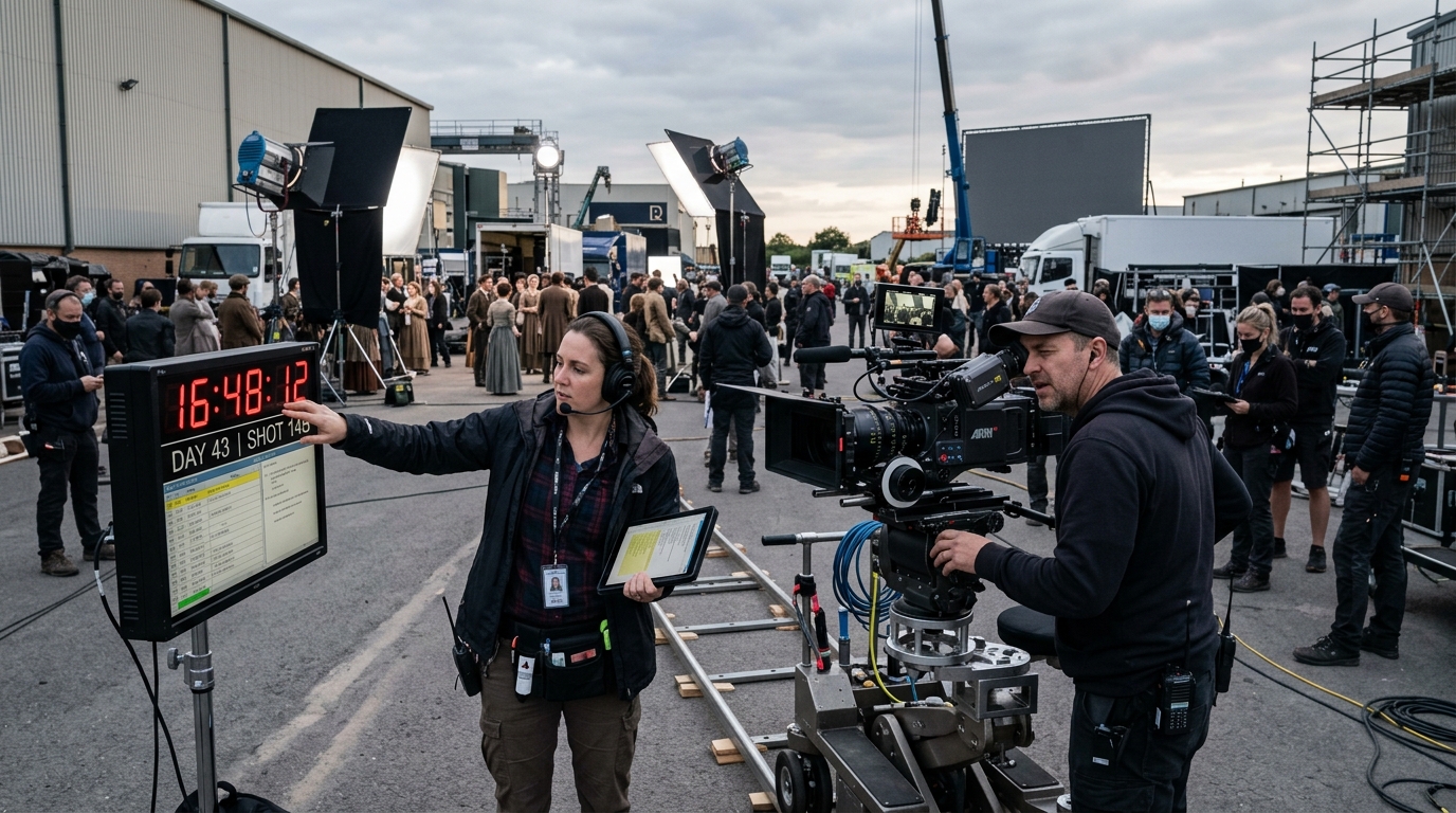 An assistant director wearing a headset and holding a digital production tablet checks the schedule clock alongside the camera operator on a busy film set.