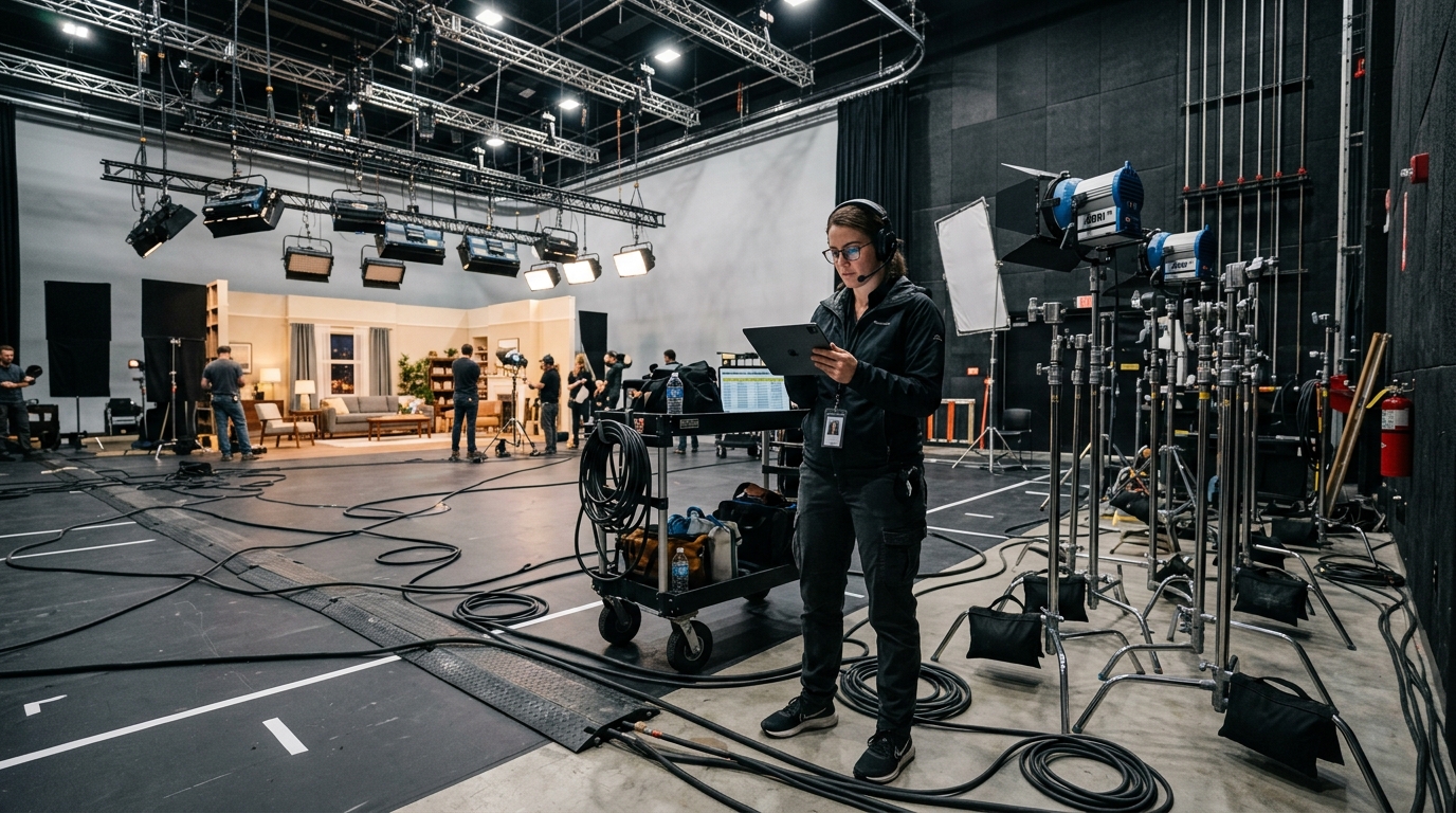 A focused assistant director reviewing lighting call times on a tablet near grip stands and cable runs on a commercial soundstage