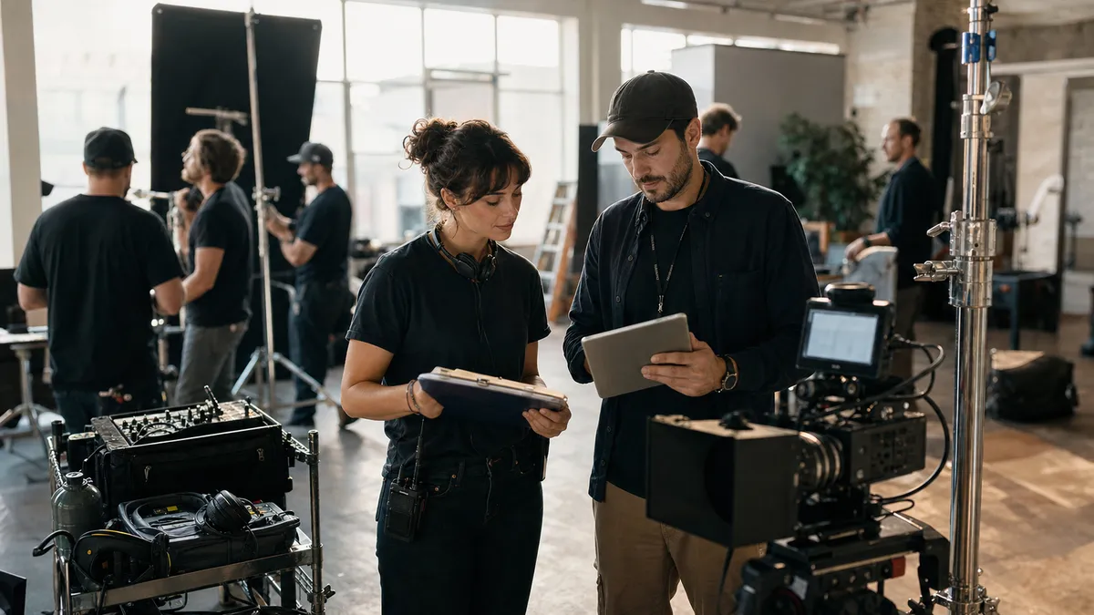 Assistant director and production coordinator using a laptop and clipboard to organize a small film crew before call time