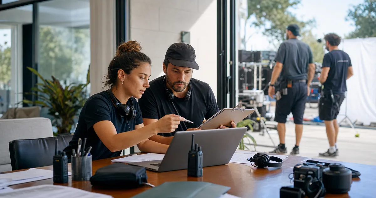Assistant director and production coordinator preparing a shoot day with laptop, clipboard, radios, and camera gear on a modern film set